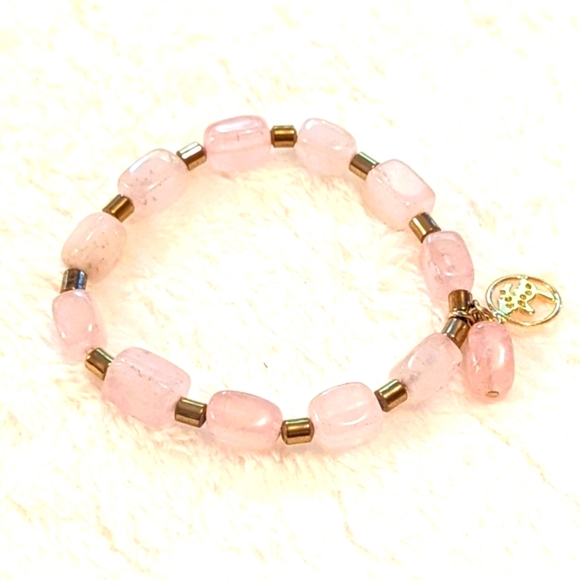 Rose Quartz Beaded Stretchy Bracelet with Goldtone Accent Beads - Picture 1 of 9